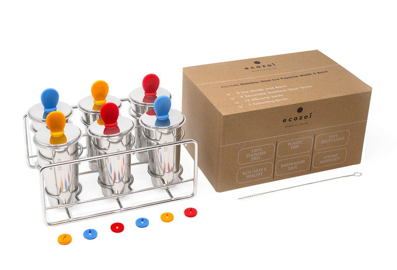 ecozoi Stainless Steel Popsicle Molds, 6 Ice Popsicle Makers, 6 Stainless Steel Sticks, 12 Silicone Seals and 1 Coconut Cleaning Brush, Eco Popsicle Molds for Kids and Adults, 4 oz Per Mold (Round) - Image 1